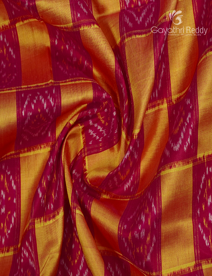 Pure Ikat Silk Saree in Yellow and Pink