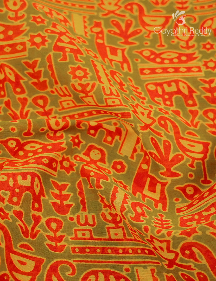 Pure MulMul Cotton Saree in Mehendi Green and Orange
