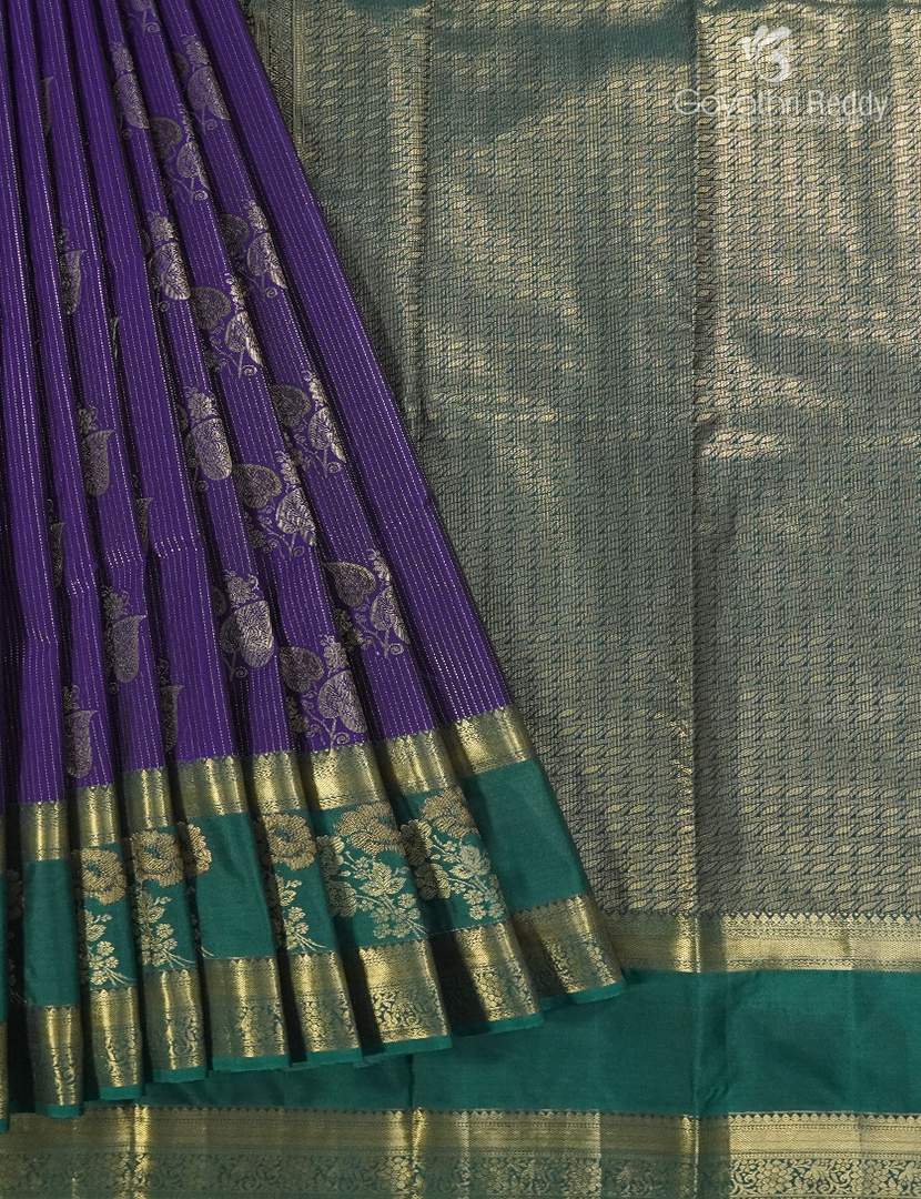 Semi Kanchipuram Silk Saree in Deep Purple and Bottle Green