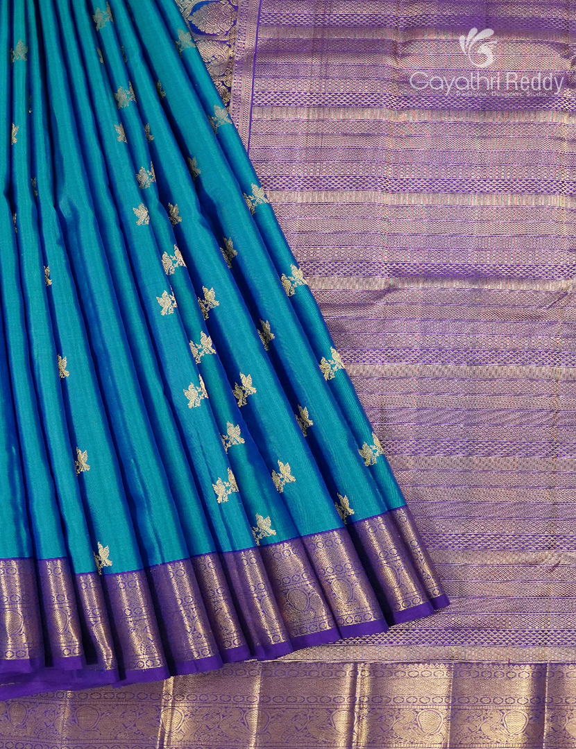 Pure Kanchipuram Silk Saree in Deep Peacock Blue and Purple (Medium Borders )-KP8777