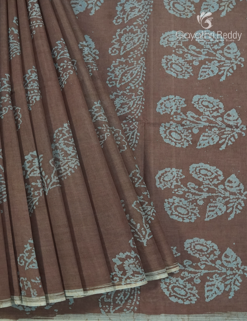 Cotton Batik Print Saree in Beige and Powder Blue