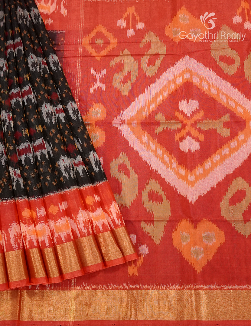 Kanchipuram Sico Saree in Black and Orange