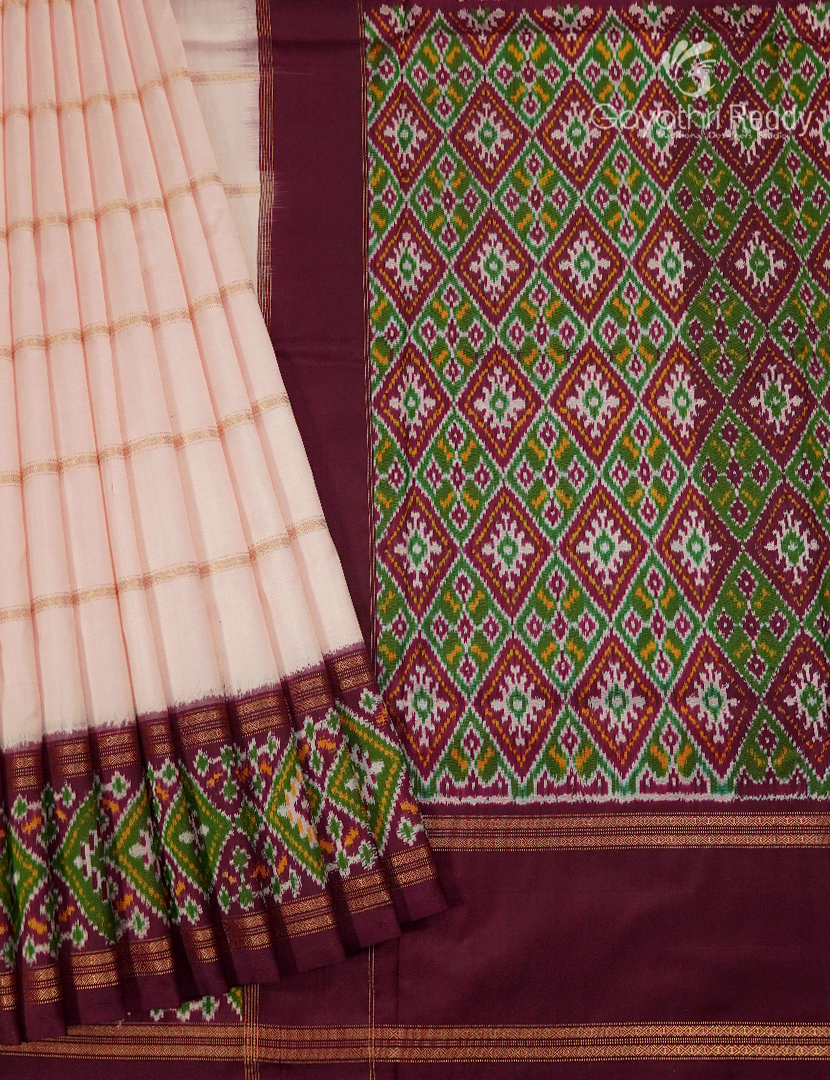 Pure Ikat Silk Saree in Off White and Brown