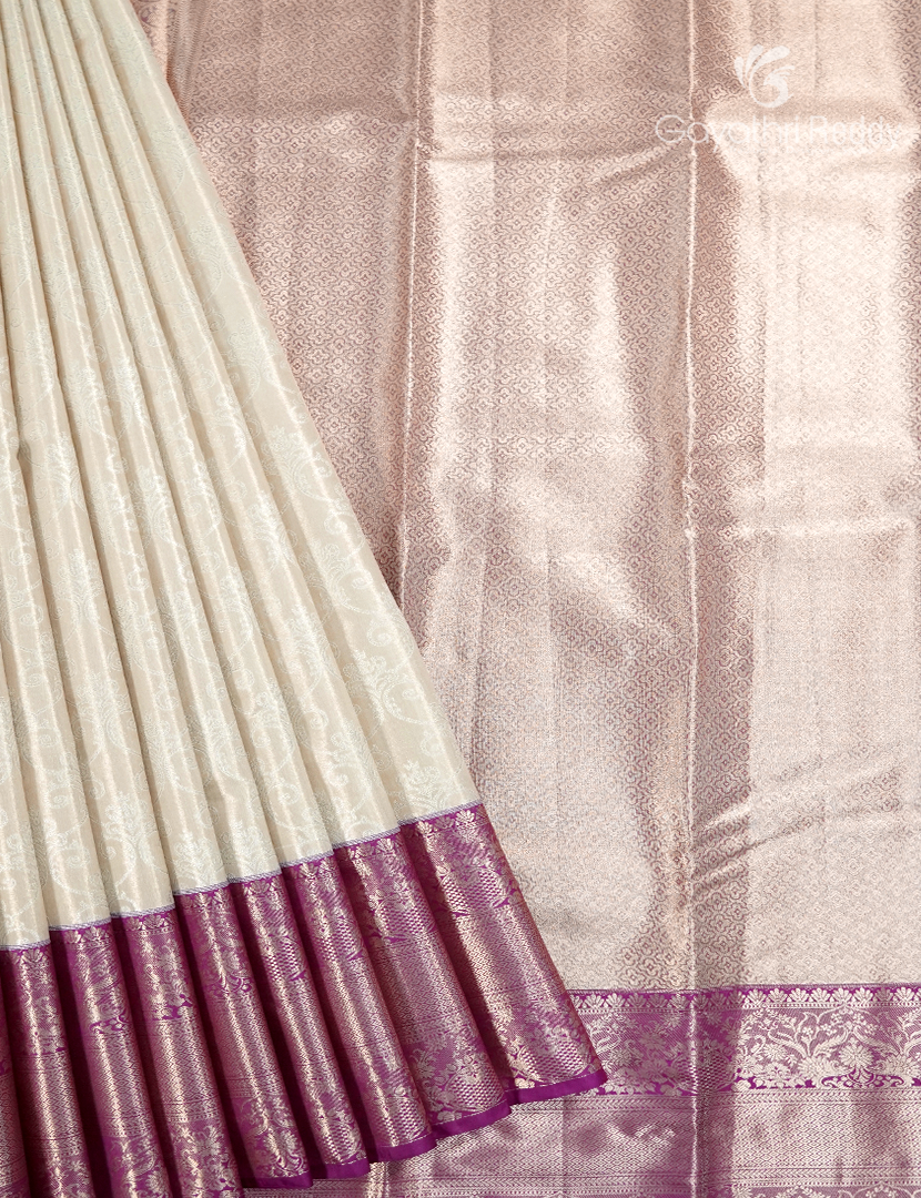 Semi Kanchipuram Silk Saree in Milk White and Deep Pink
