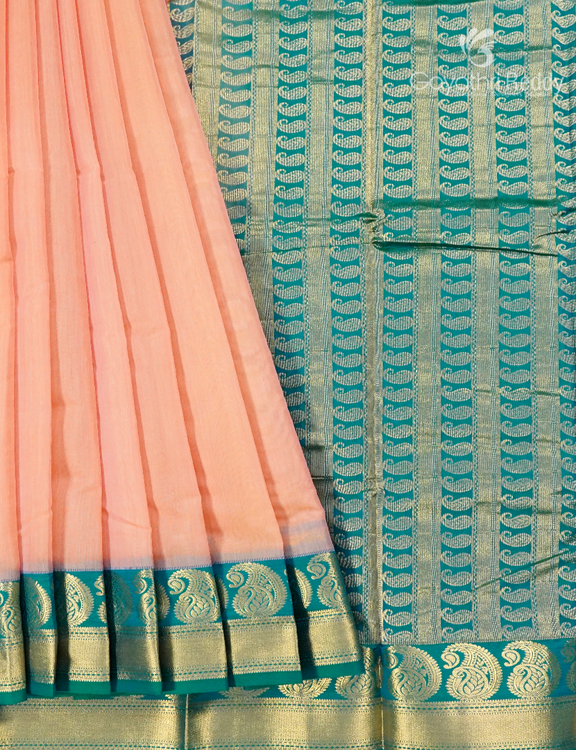 Pure Kanchi Sico Saree in Pastel Peach and Sea Blue