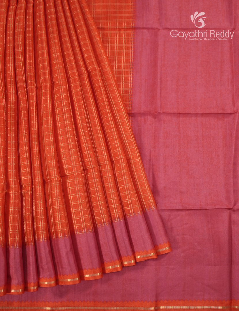 Semi Tussar Saree in Orange and Pink