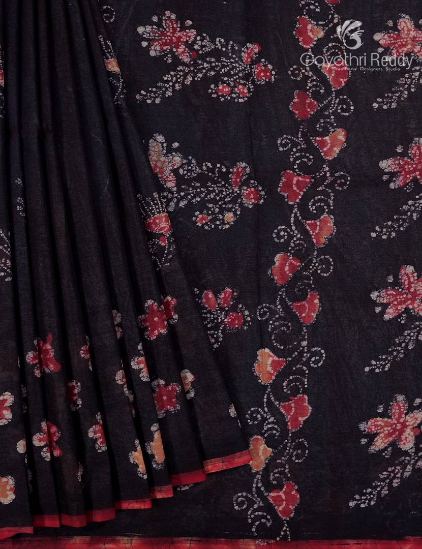 Cotton Batik Print Saree in Black