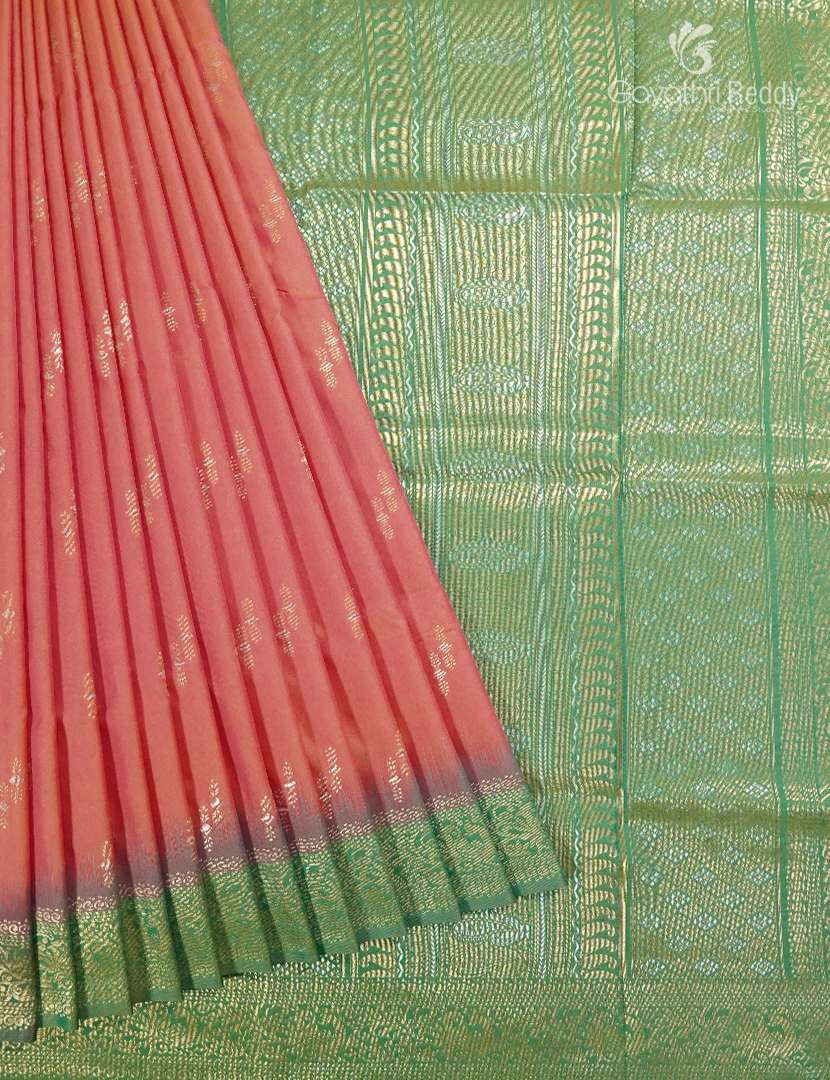 Semi Kanchipuran Silk Saree in Deep Peach and  Parrot Green