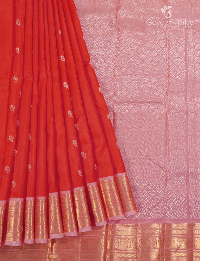 Pure Kanchipuram Silk Saree in Orange and Baby Pink