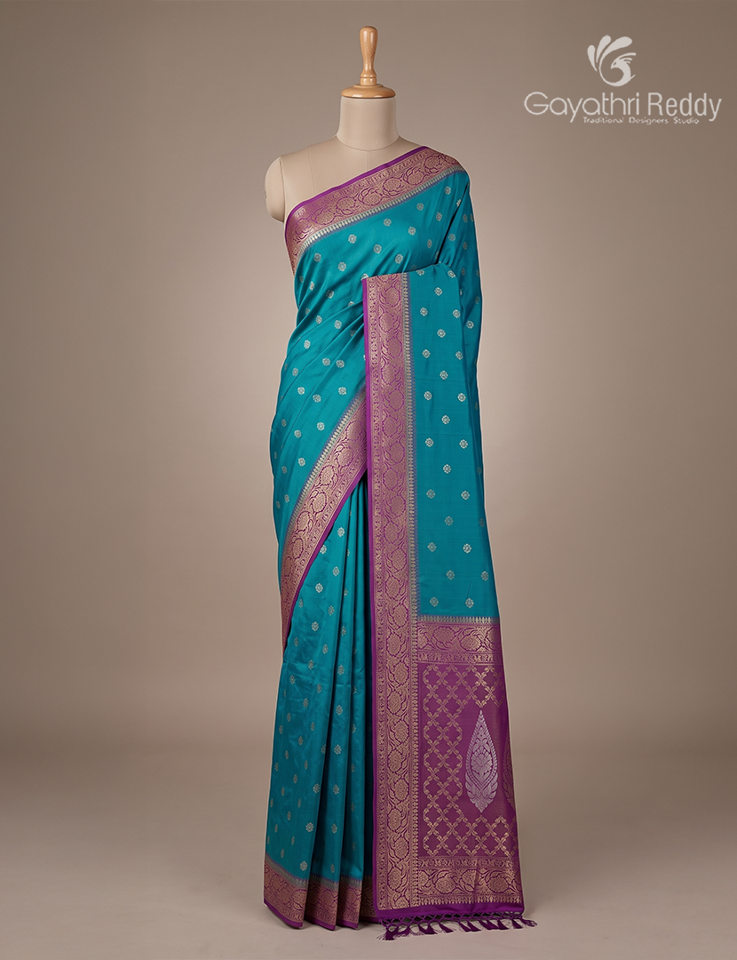 Semi Kanchipuran Silk Saree in Deep Rama Blue and  Purple