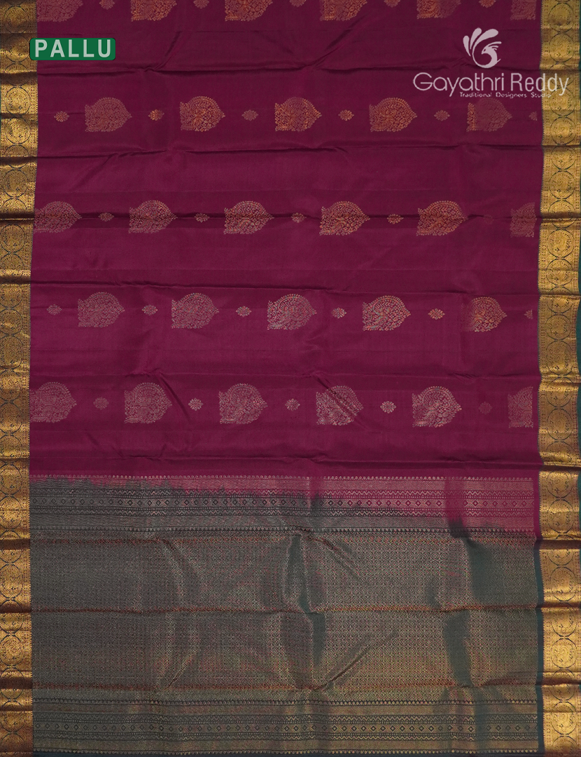 Pure Kanchipuram Silk Saree in Burgundy and Deep Peacock Green
