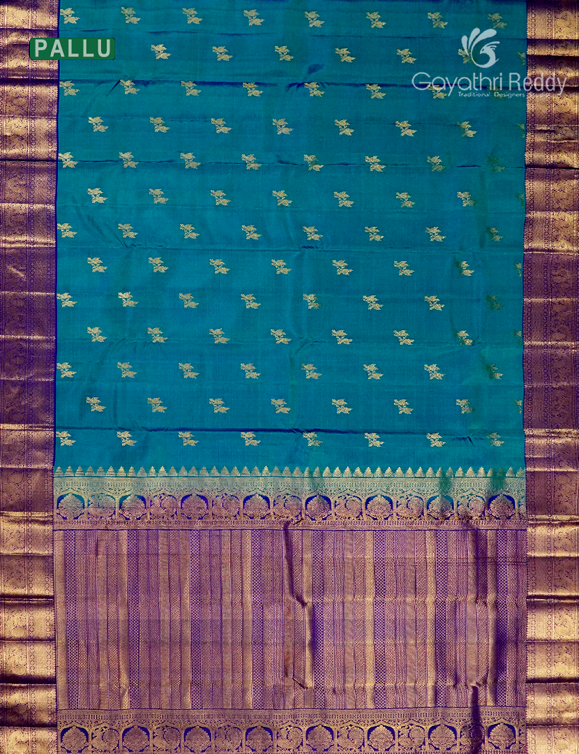 Pure Kanchipuram Silk Saree in Deep Peacock Blue and Purple (Medium Borders )-KP8777