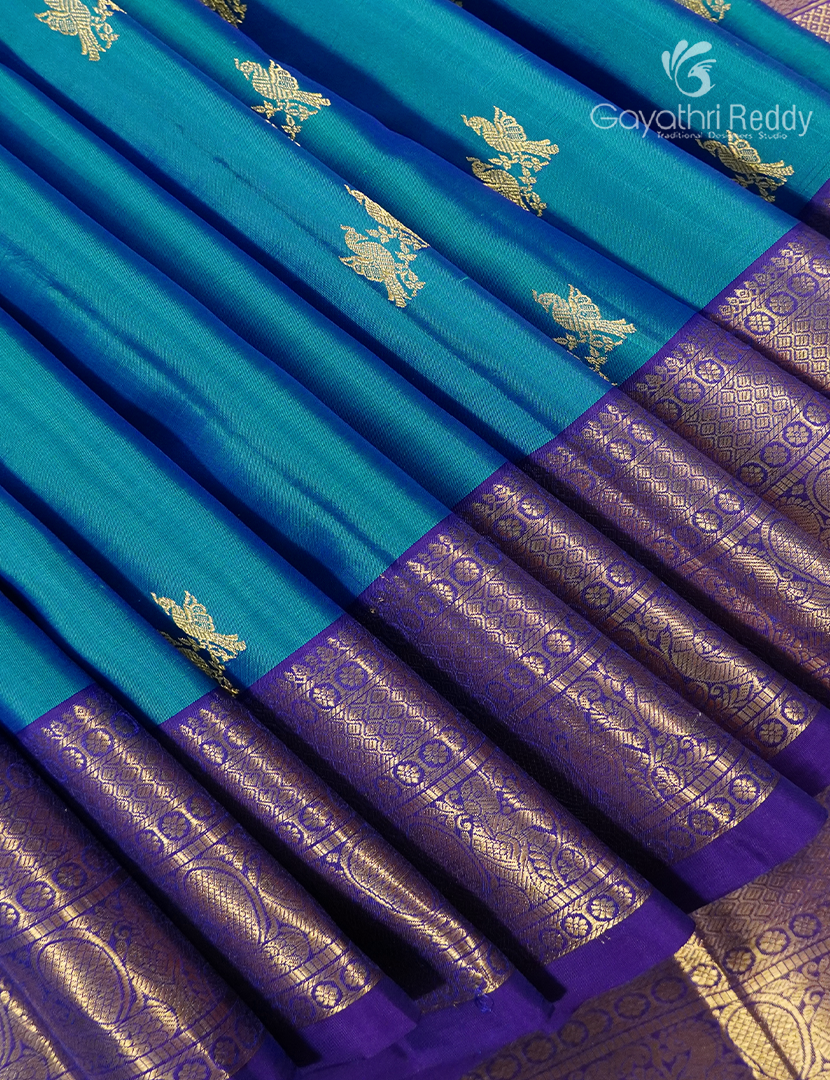 Pure Kanchipuram Silk Saree in Deep Peacock Blue and Purple (Medium Borders )-KP8777