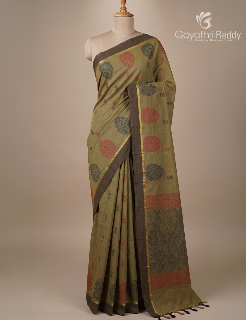 Pure Kanchi Cotton Saree in Olive Grey