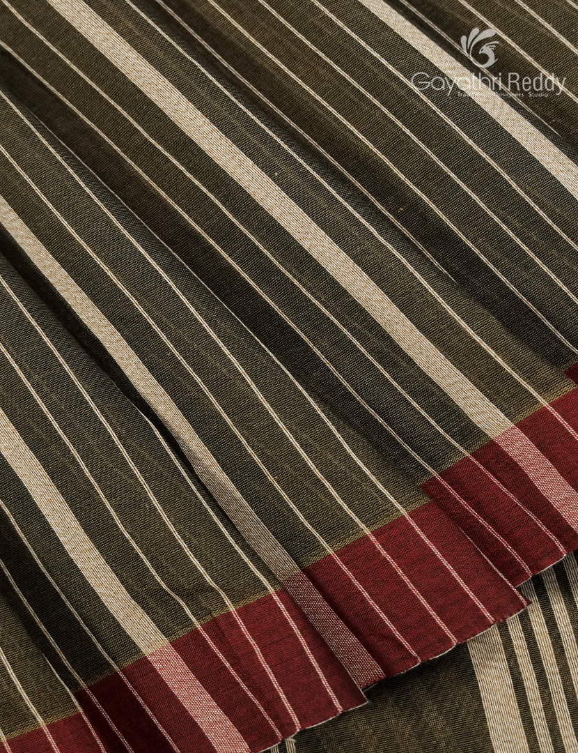 Pure Handloom Cotton Saree in Deep Olive Brown