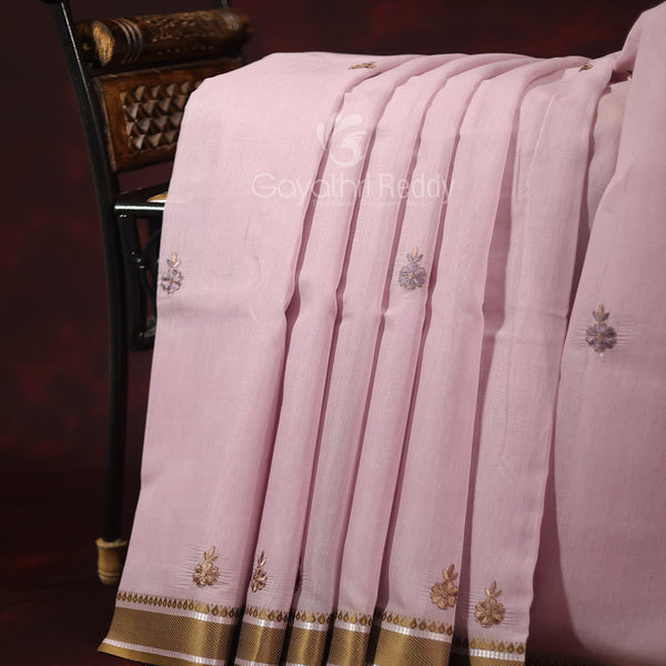 Onion Skin Colour Art Tussar Saree having Golden Border with Stripes in Body