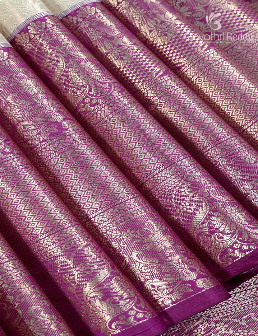 Semi Kanchipuram Silk Saree in Milk White and Deep Pink