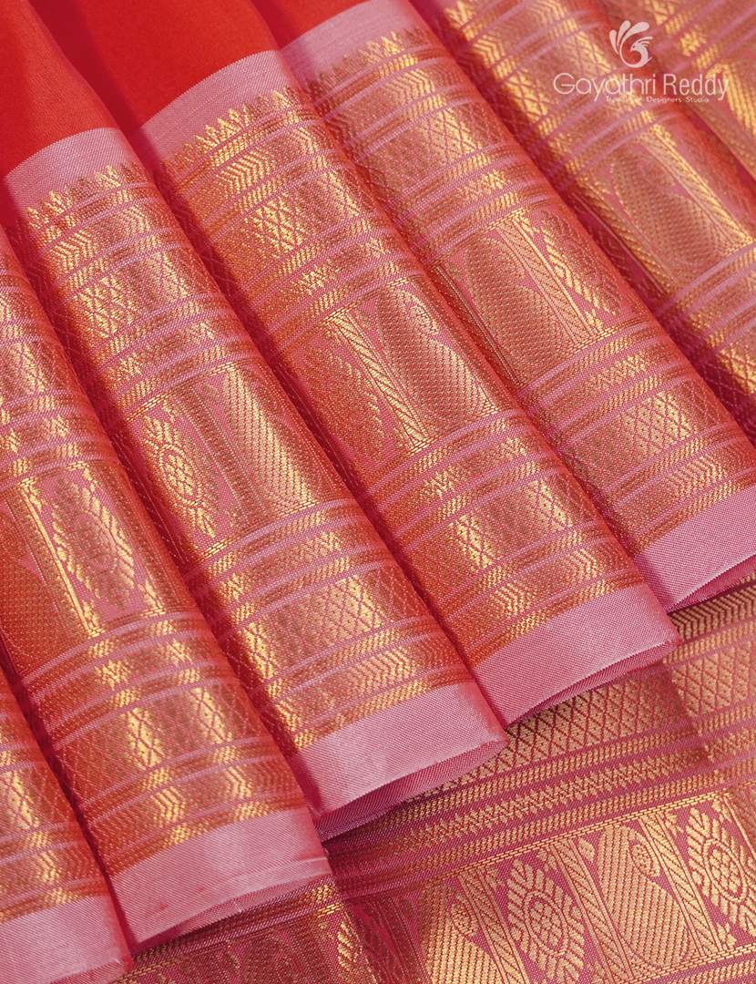 Pure Kanchipuram Silk Saree in Orange and Baby Pink