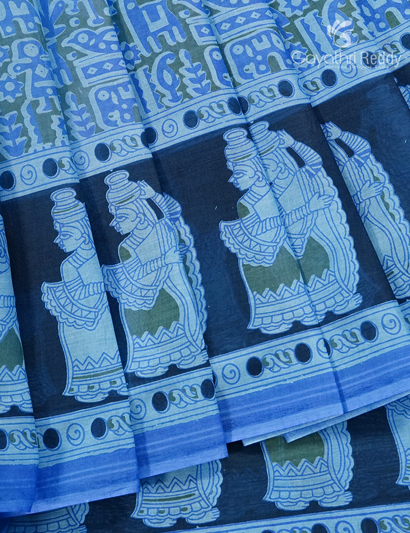 Pure MulMul Cotton Saree in PowderBlue and Black