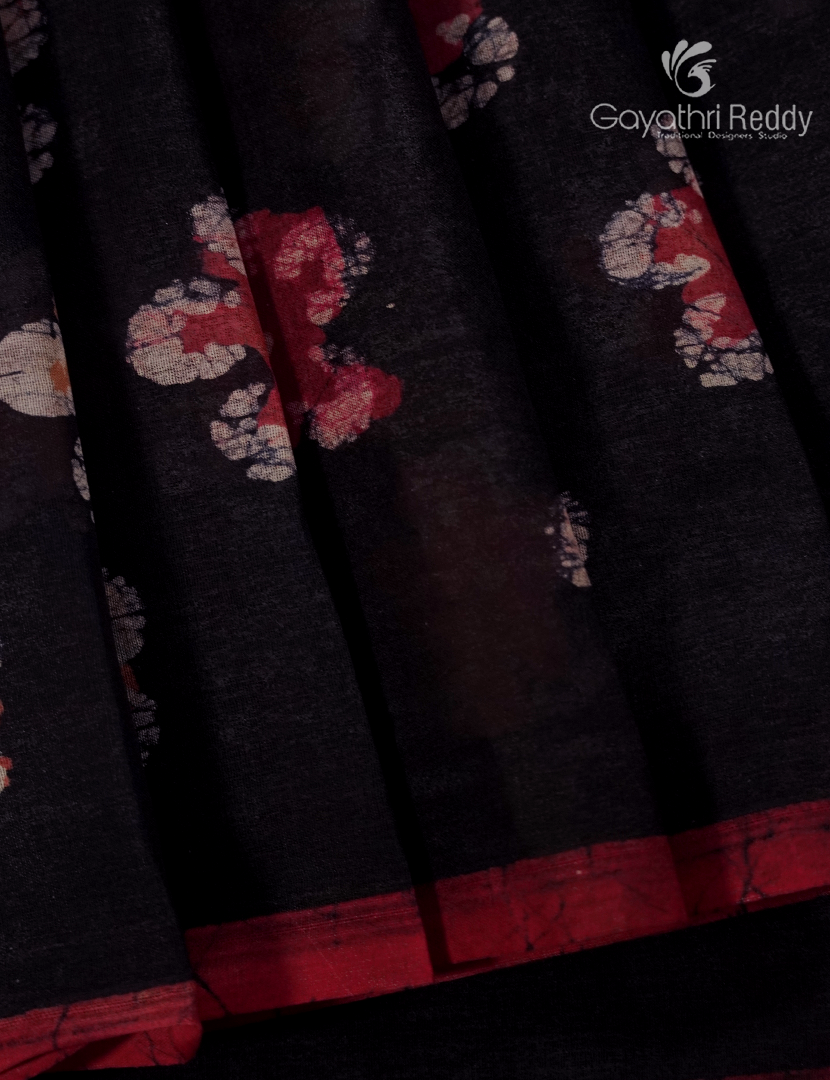 Cotton Batik Print Saree in Black