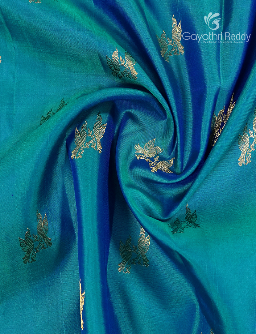 Pure Kanchipuram Silk Saree in Deep Peacock Blue and Purple (Medium Borders )-KP8777