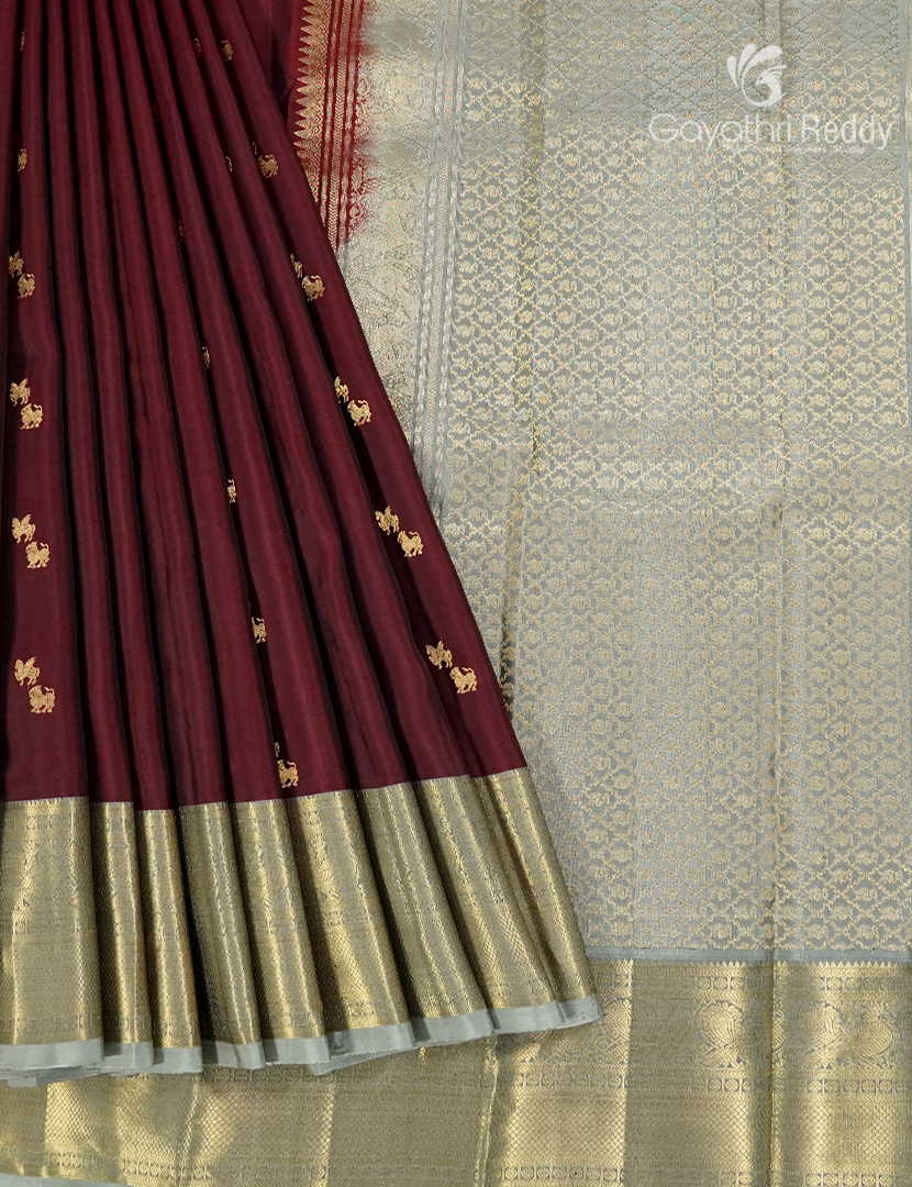 Pure Kanchipuram Silk Saree in Deep Brown and Pastel Concrete Grey  (Broad  Borders )-KP8778