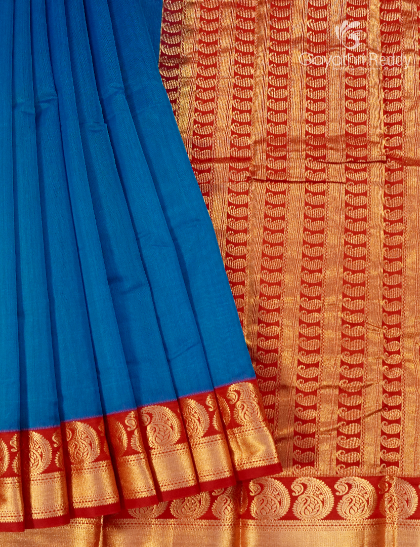 Pure Kanchi Sico Saree in Cobalt Blue and Red