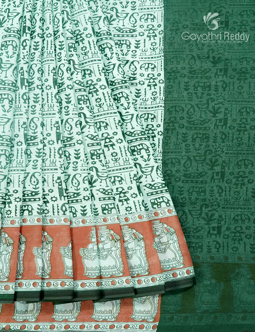 Pure MulMul Cotton Saree in Mint Green and Bottle Green