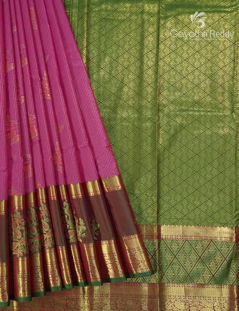 Semi Kanchipuram Silk Saree in Lotus Pink and Parrot Green