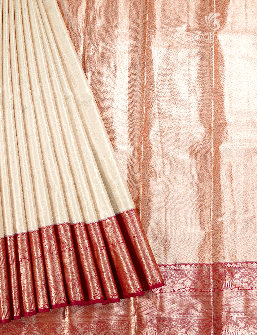 Semi Kanchipuram Silk Saree in Milk White and Red