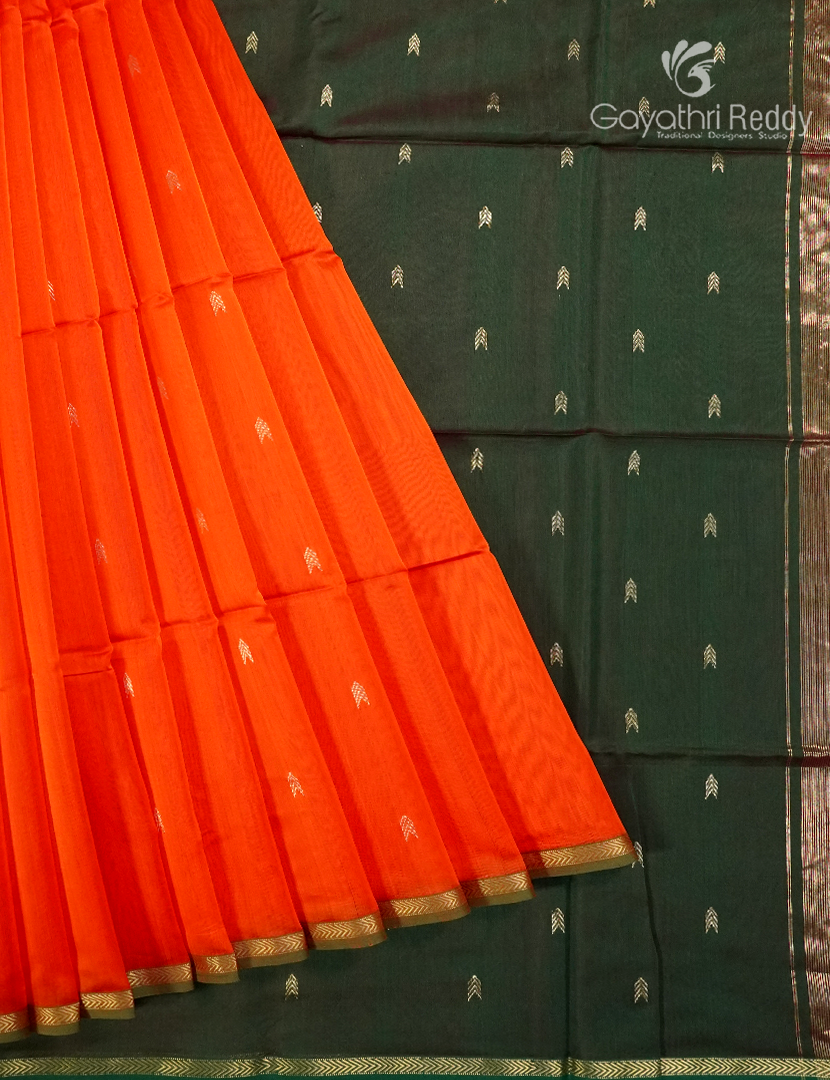 Pure Chanderi Sico Saree in Orange and Deep Olive Green