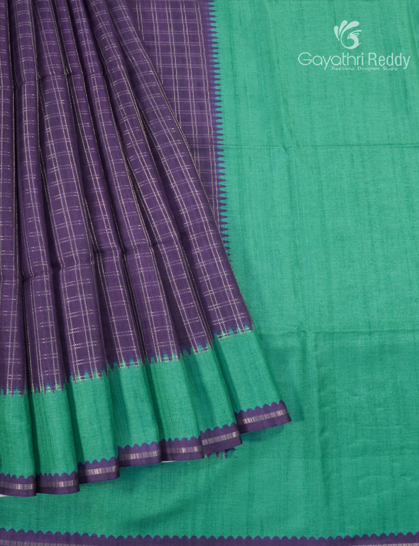 Semi Tussar Saree in Deep Purple and Sea Green