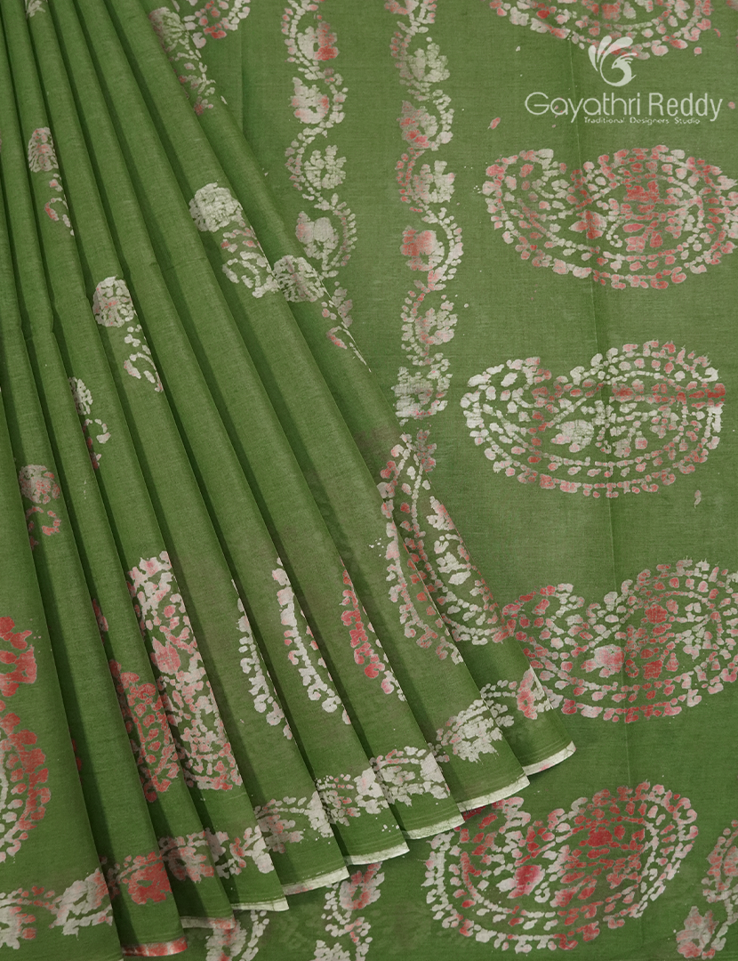 Cotton Batik Print Saree in Leaf Green