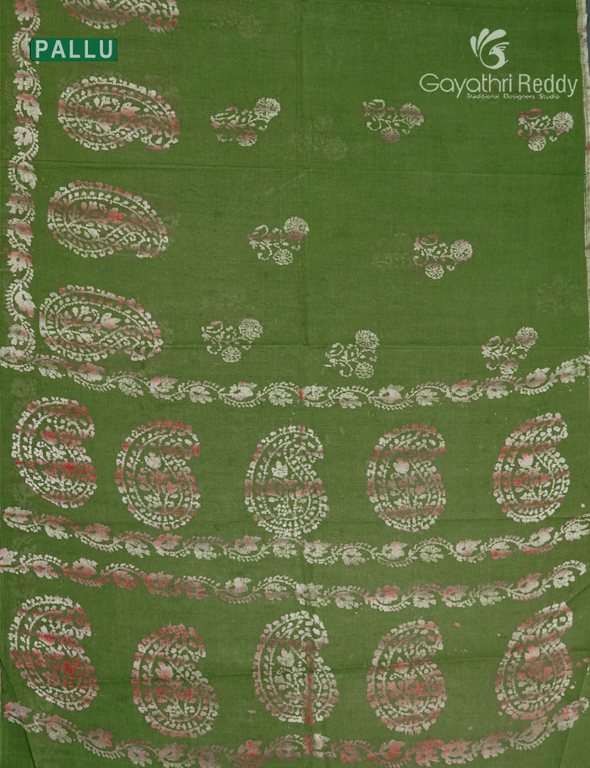Cotton Batik Print Saree in Leaf Green
