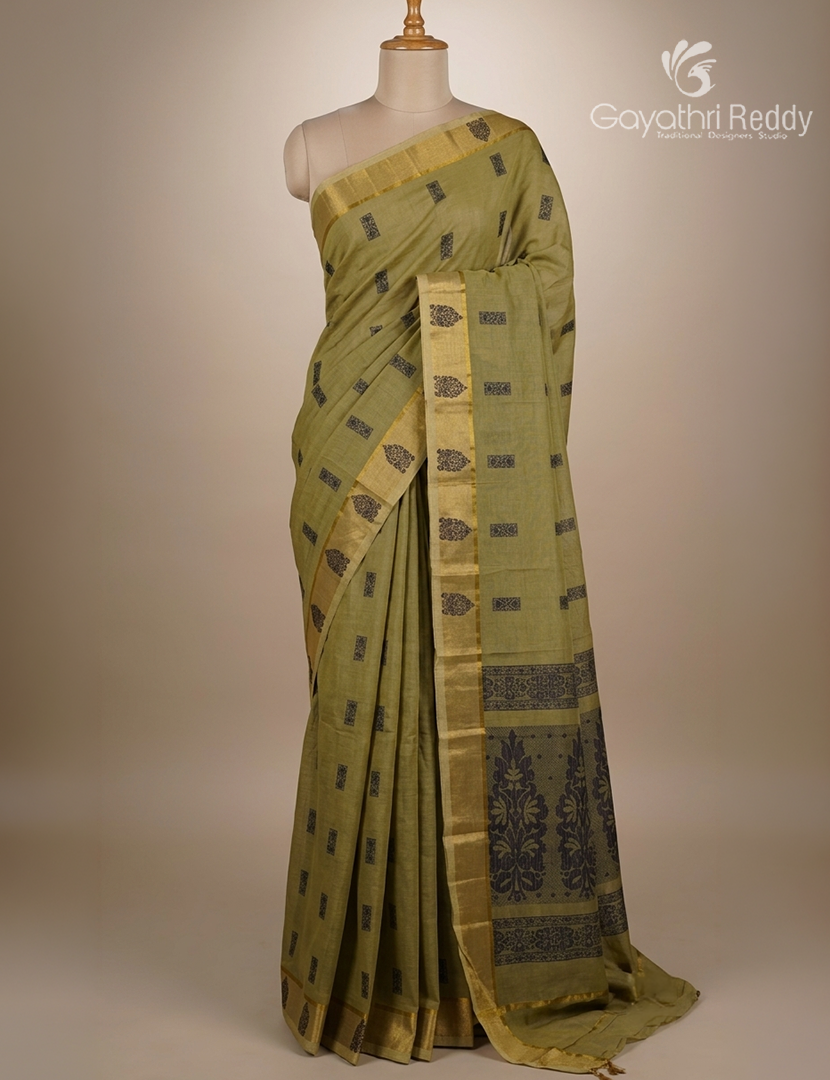 Pure Kanchi Cotton Saree in Deep Olive Green