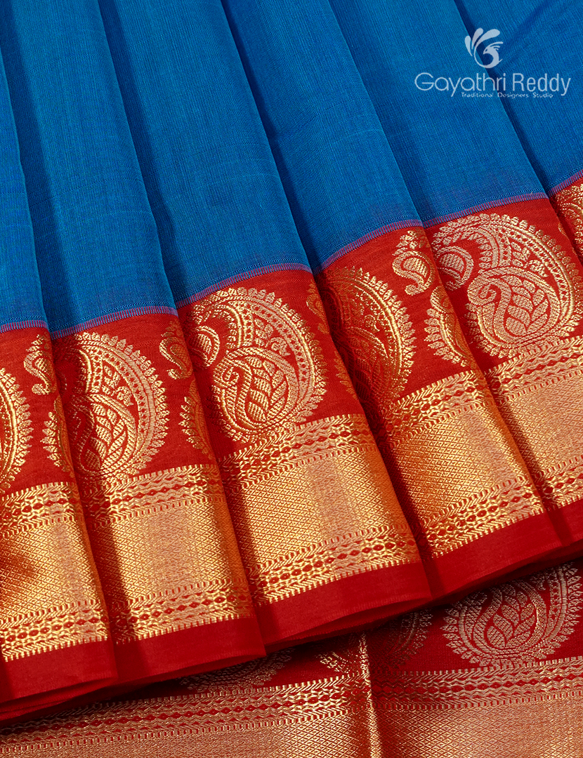 Pure Kanchi Sico Saree in Cobalt Blue and Red