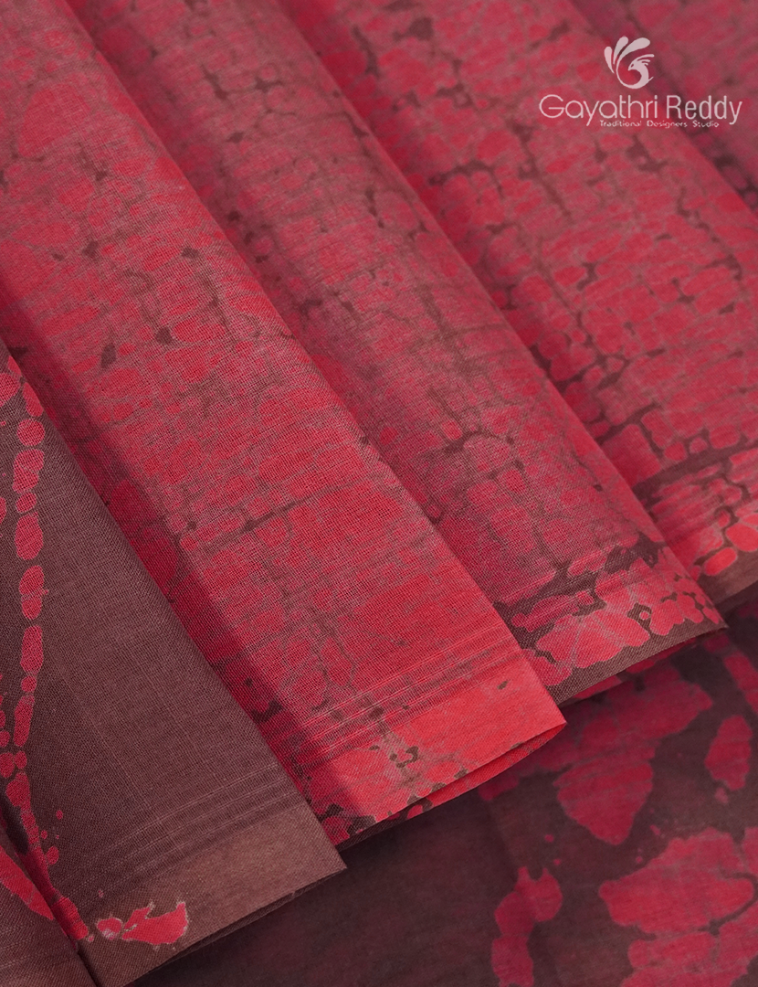 Cotton Batik Print Saree in Peach and Brown