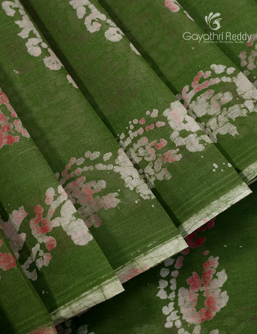 Cotton Batik Print Saree in Leaf Green