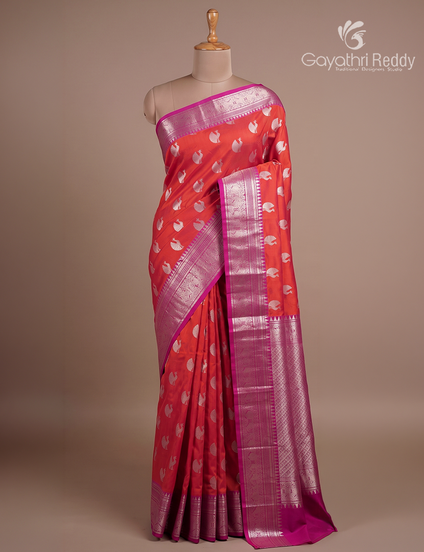 Pure Venkatagiri Silk Saree in Orange and Rani Pink