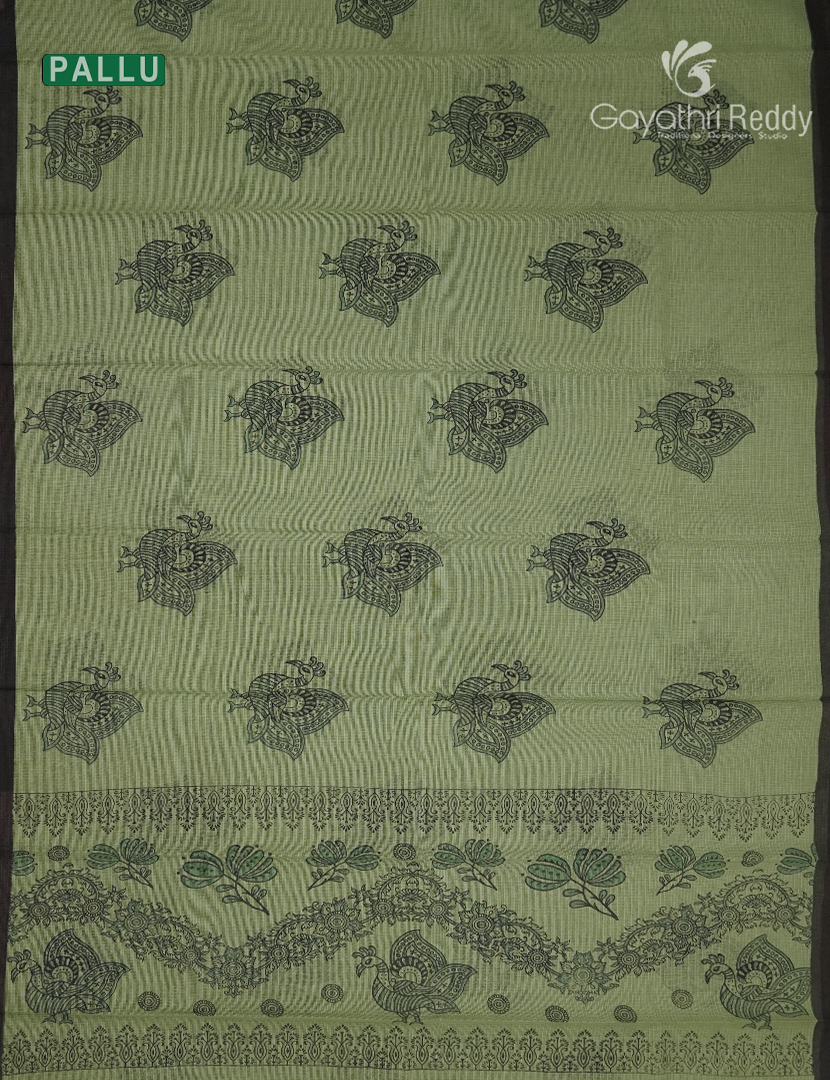 Premium Quality Cotton Kota Saree in Sage Green and Black