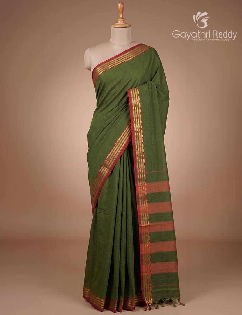 Pure Narayanpet Cotton Saree in Deep Olive Green
