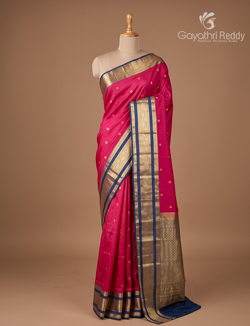 Semi Kanchipuram Silk Saree in Fuchsia Pink and Deep Peacock Green