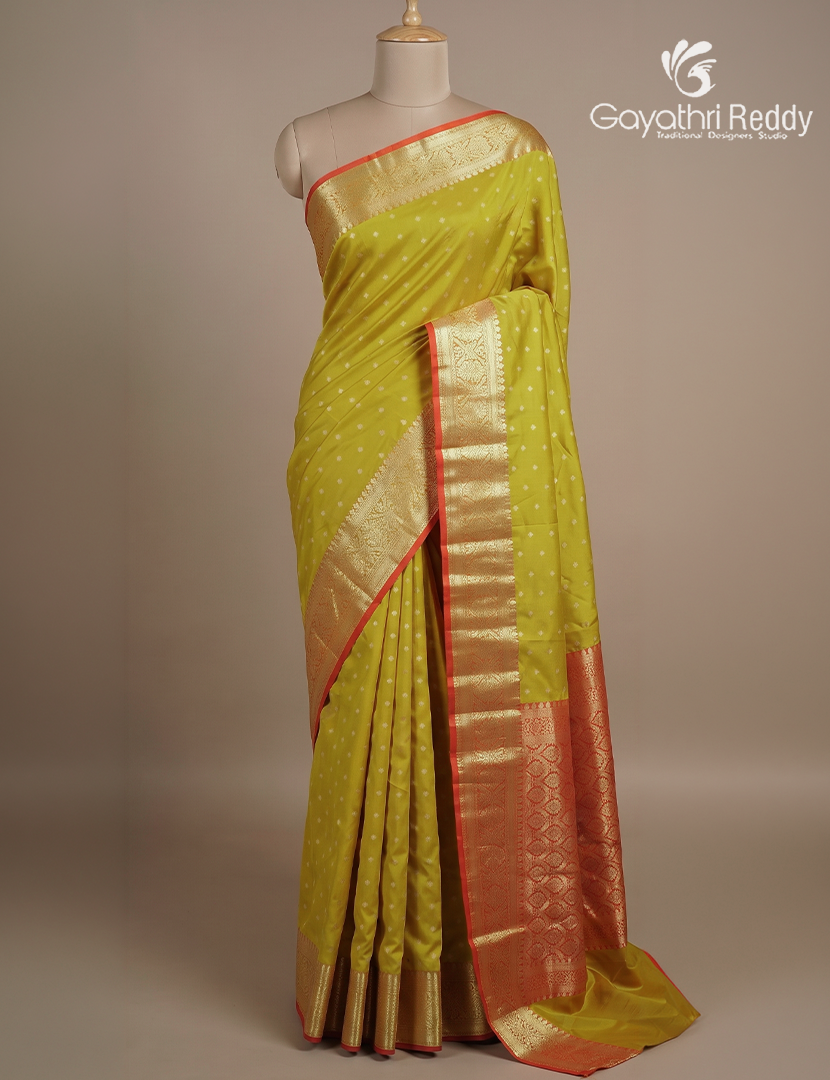 Semi Banaras Katan Silk Saree in Lime Green and Red