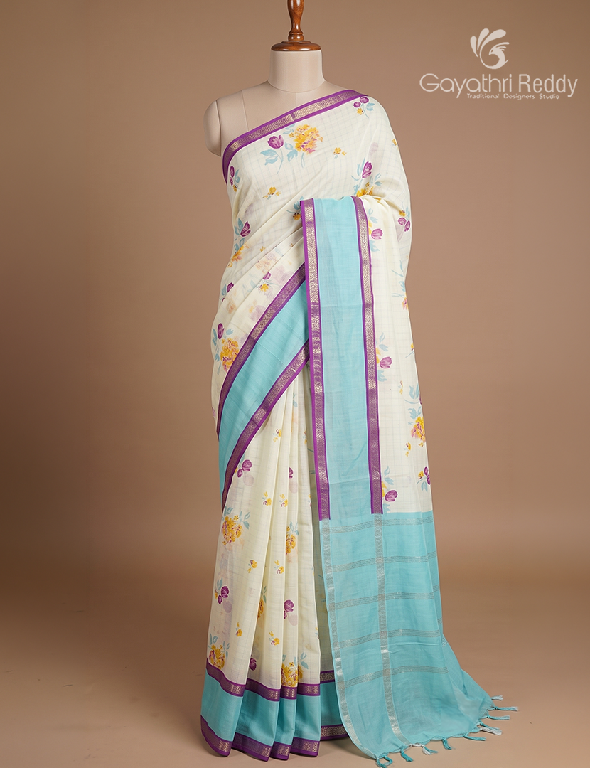 Mangalgiri Printed Saree in Mint Green and Sea Blue