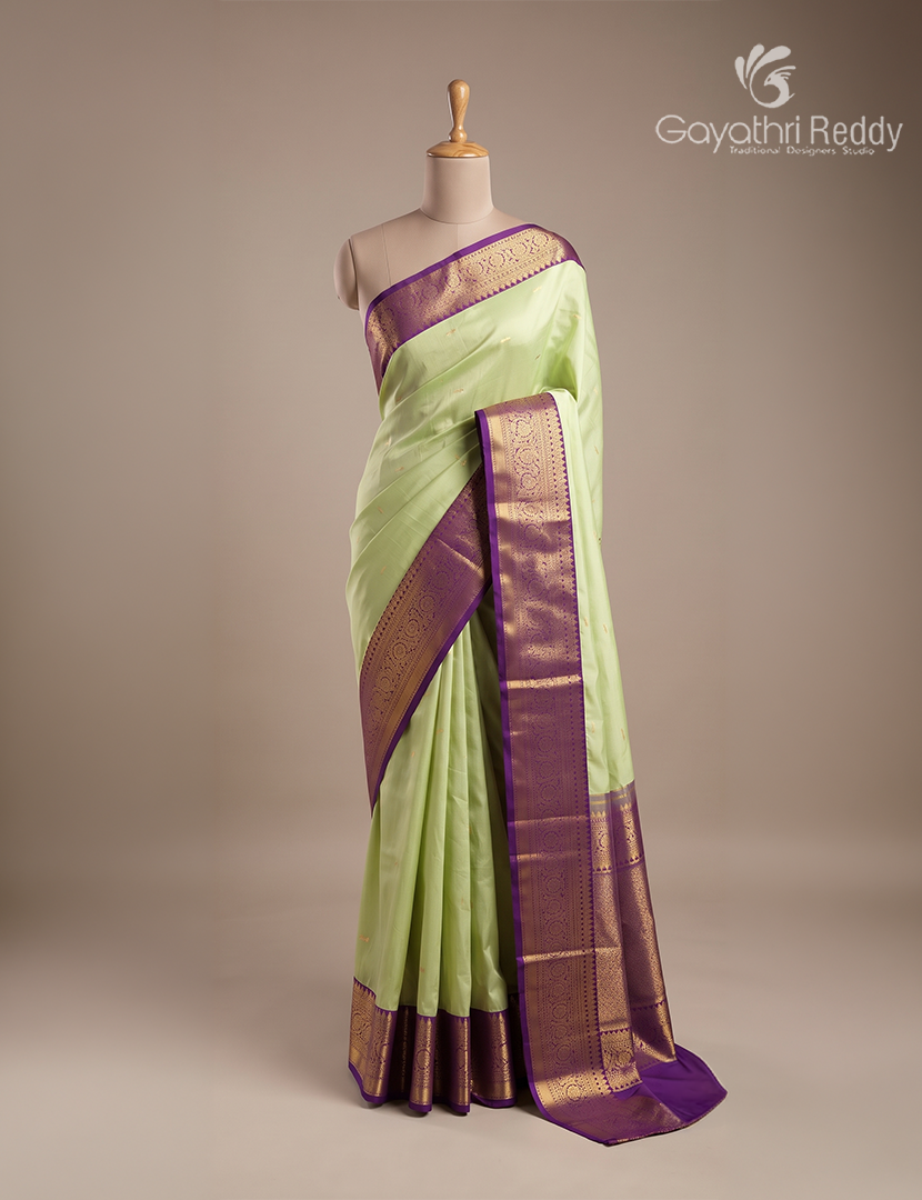 Semi Kanchipuram Silk Saree in Mint Green and Purple