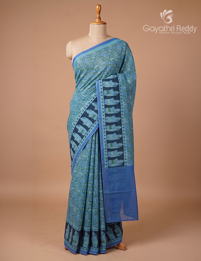 Pure MulMul Cotton Saree in PowderBlue and Black