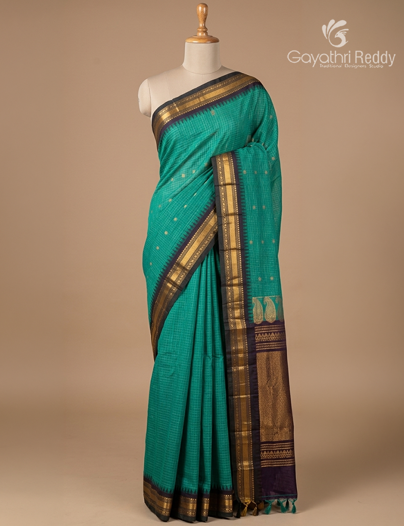 Pure Gadwal Cotton Saree in Sea Foam Green and Black