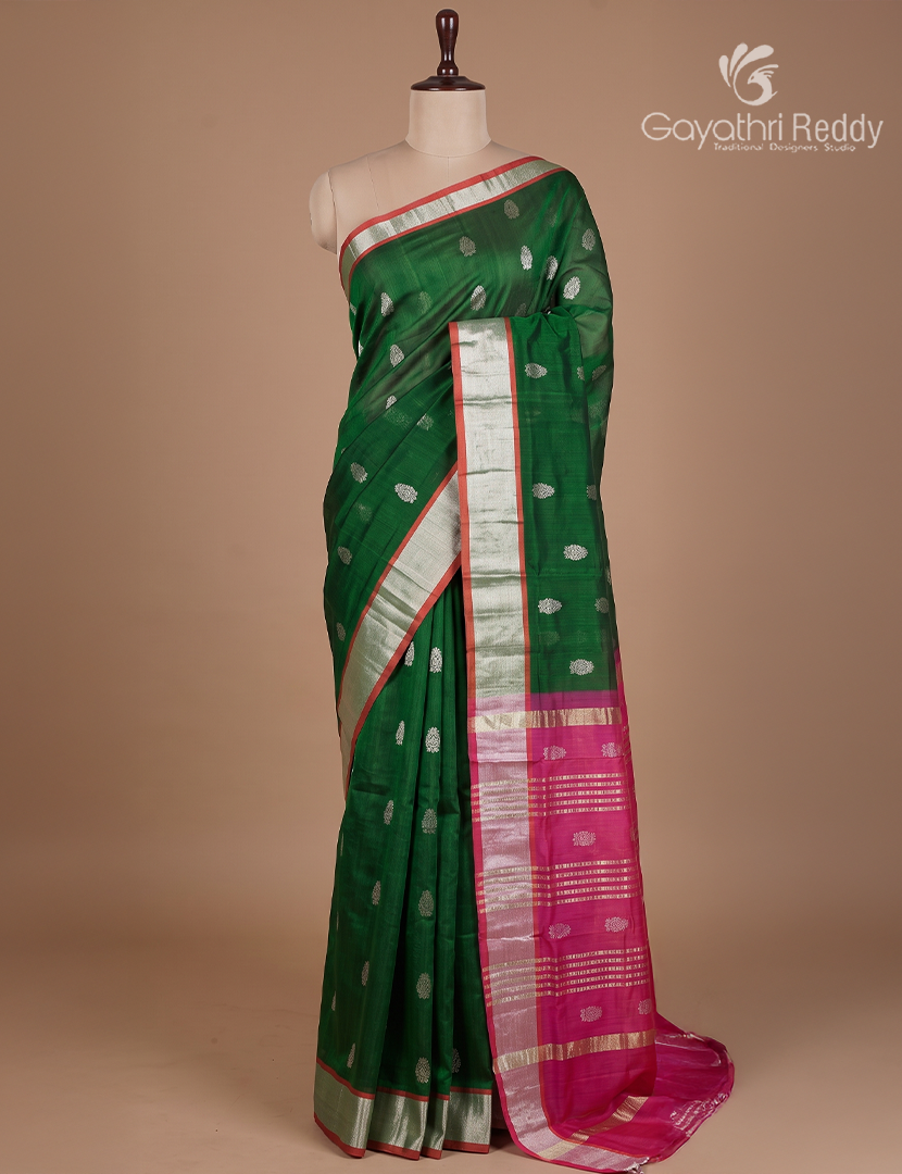 Pure Arani Sico Saree in Deep Bottle green and Hot Pink