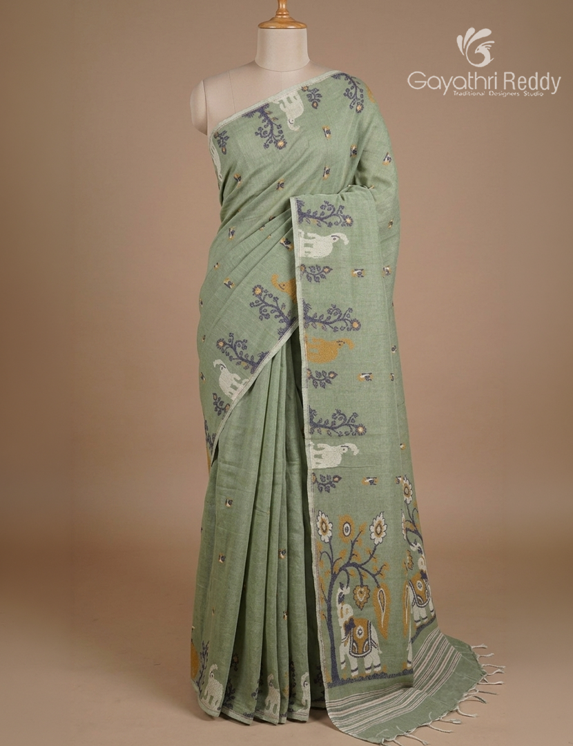 Jamdani Cotton Saree in Sage Green