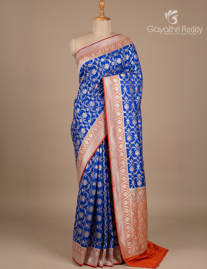 Pure Banaras Katan Silk Saree in Navy Blue and Orange